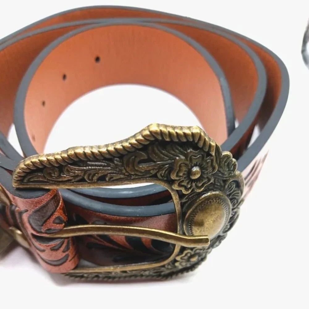Western Womens Brown Leather Floral Belt Waist New